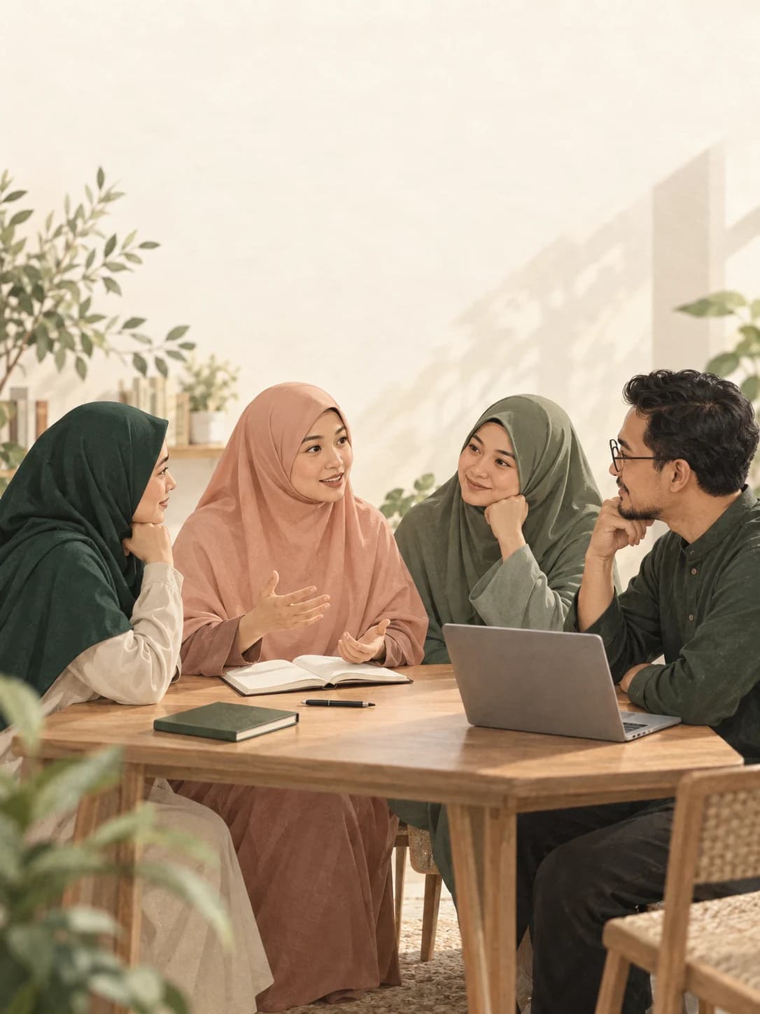 Ilustrasi tiga wanita dan seorang lelaki mendengar serta berkongsi pembelajaran.