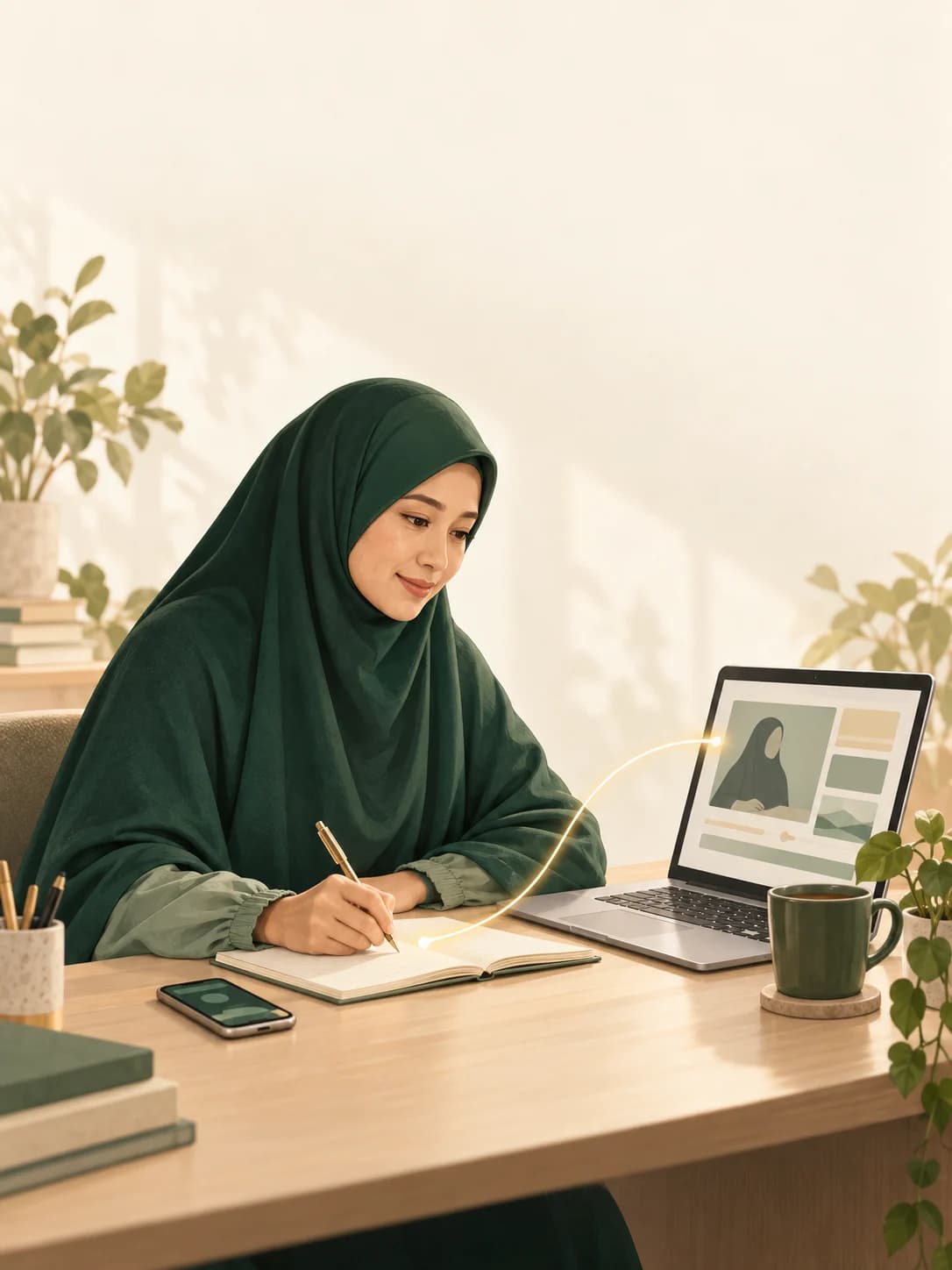 Ilustrasi seorang wanita belajar melalui laptop sambil mencatat tindakan dalam buku.