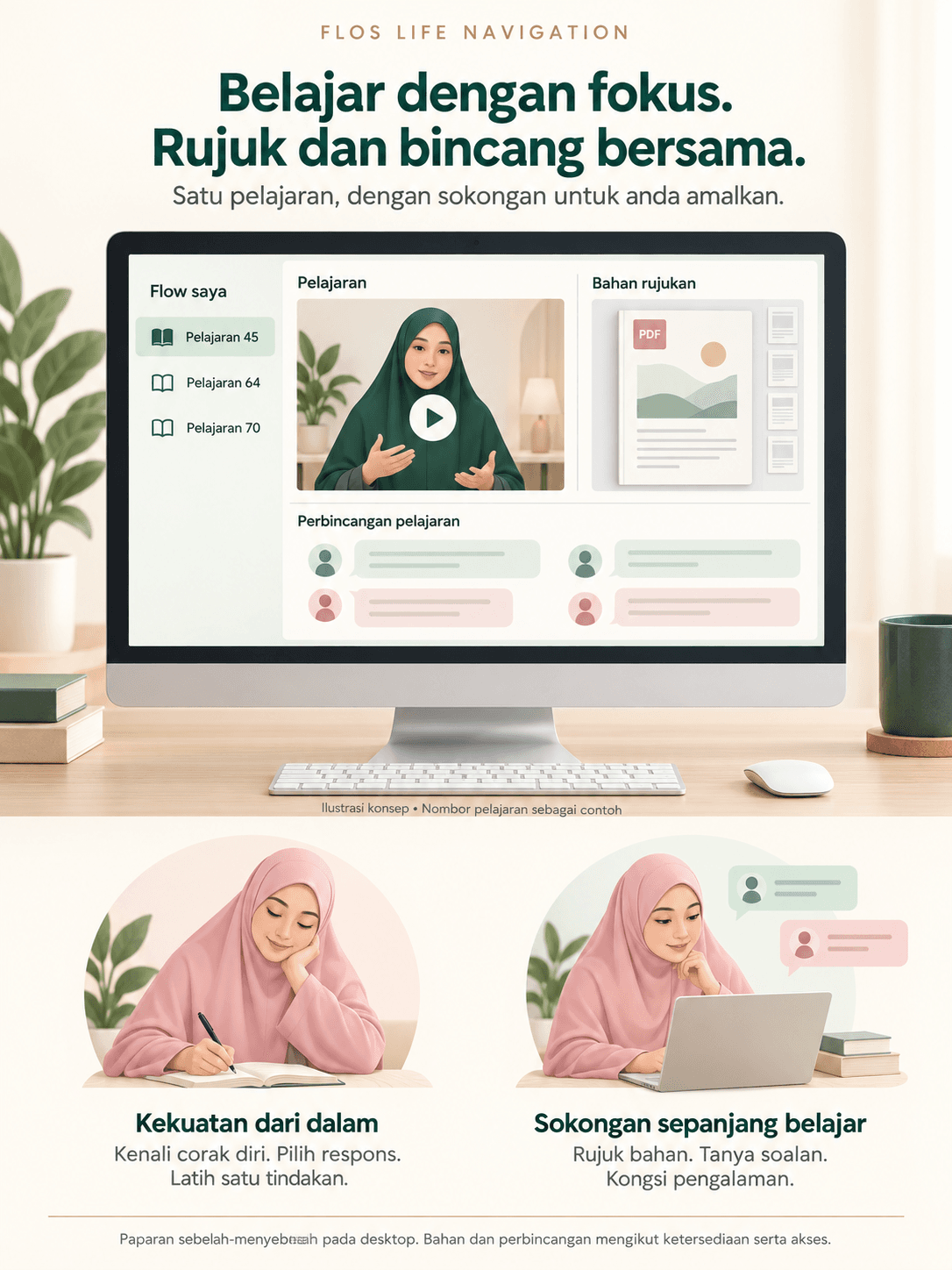 Ilustrasi konsep pembelajaran FLOS pada desktop: senarai Flow, pelajaran dan bahan rujukan sebelah-menyebelah, serta perbincangan di bawah pelajaran. Bukan tangkap layar aplikasi; nombor pelajaran sebagai contoh.